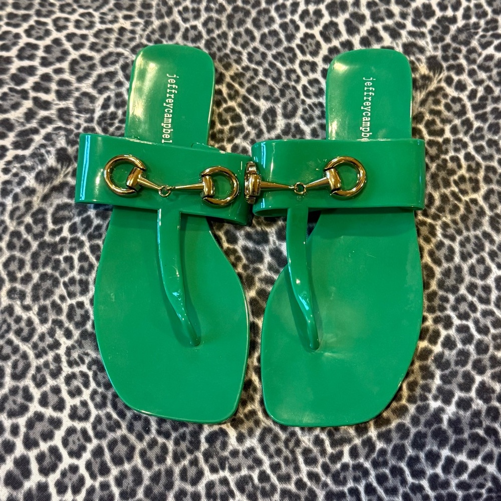 Jeffrey Campell A Little Bit Jelly Sandal
Green With Gold Horsebit Hardware 8